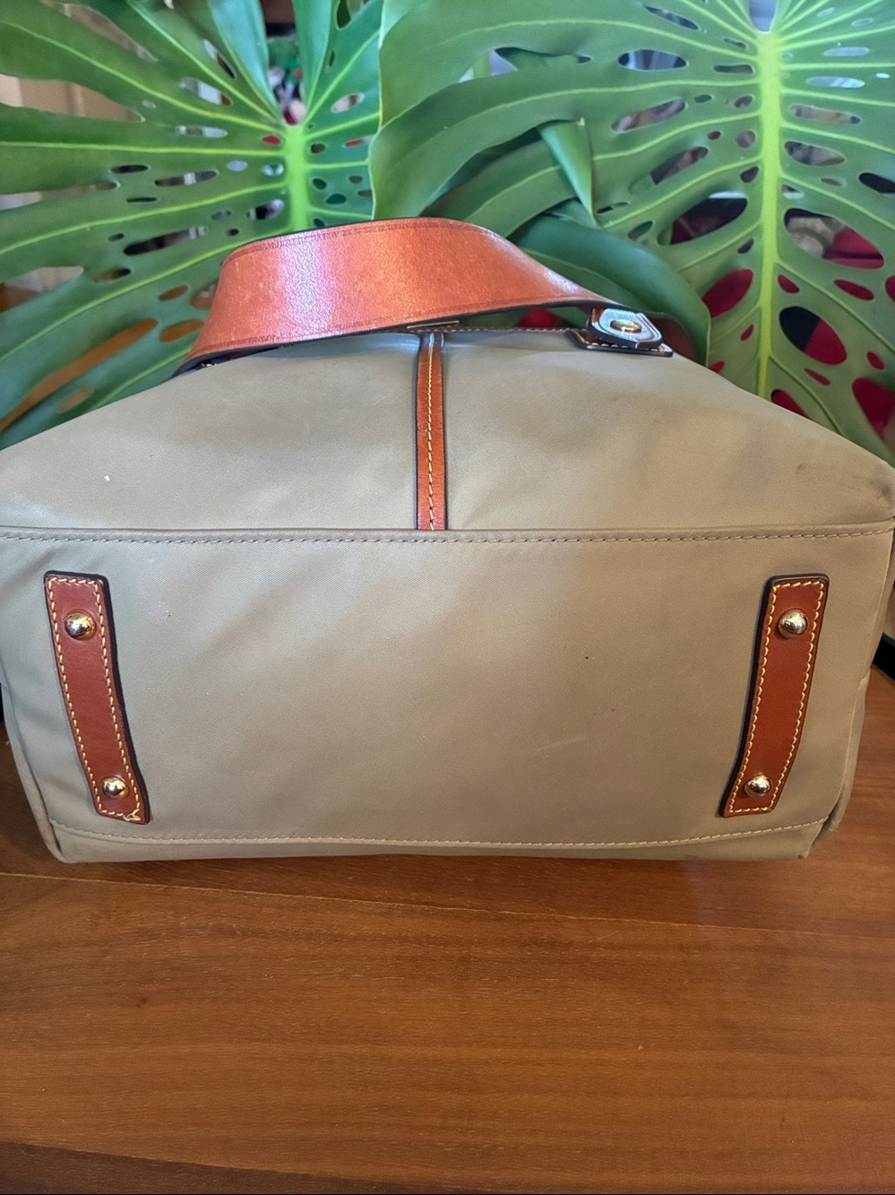 Dooney & Bourke Tan Satchel Nylon⁹ Hobo Bag with Brown Leather Trim - Picture 5 of 9